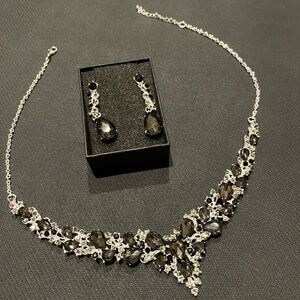 Elegant Silver and Black Crystal Necklace and Earring Set